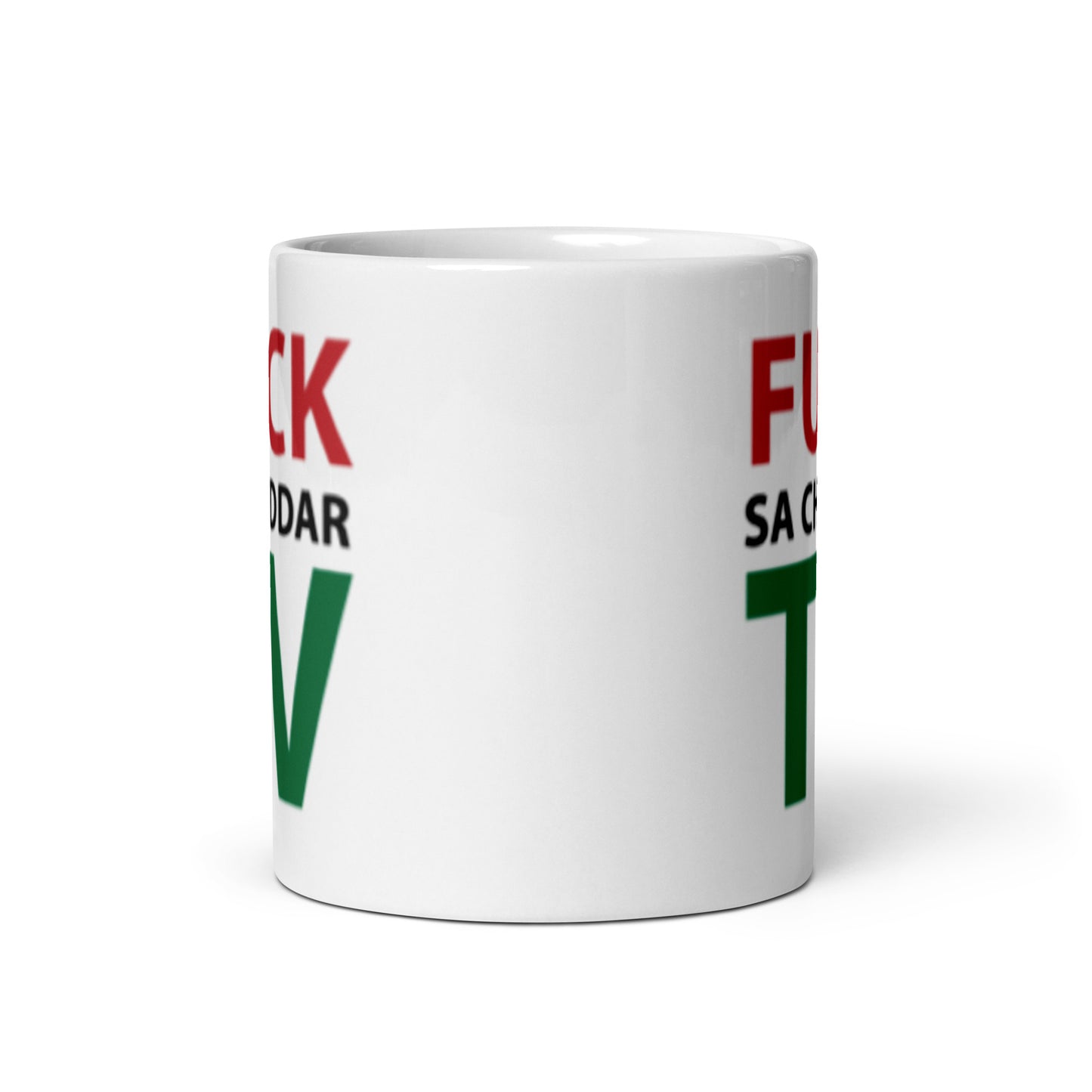 FUCK SA-CHEDDAR TV White glossy mug