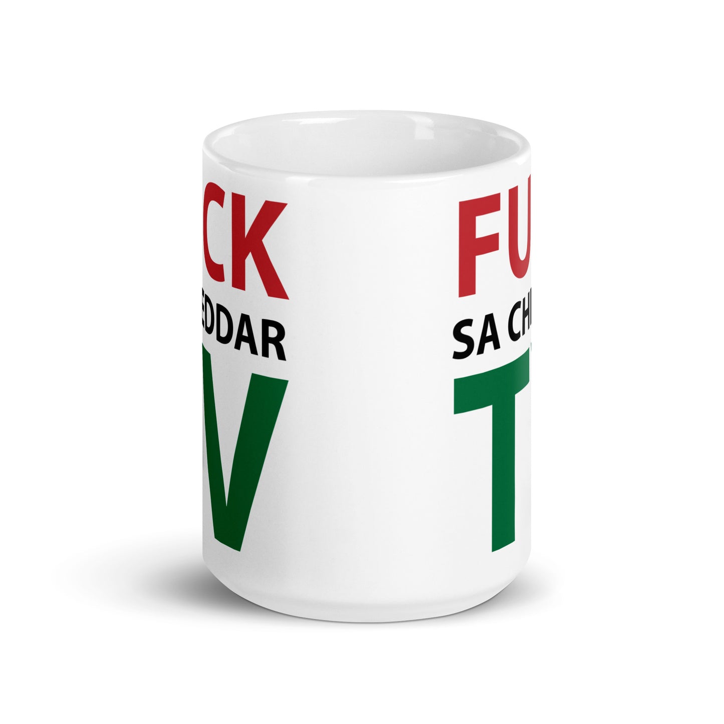 FUCK SA-CHEDDAR TV White glossy mug
