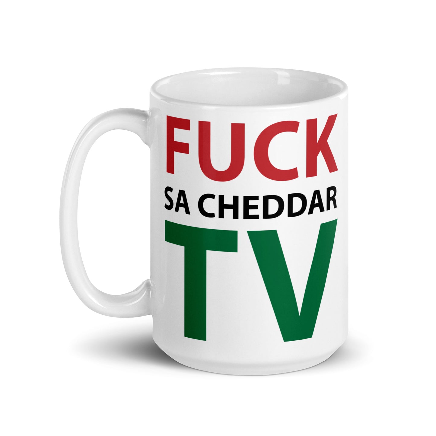 FUCK SA-CHEDDAR TV White glossy mug