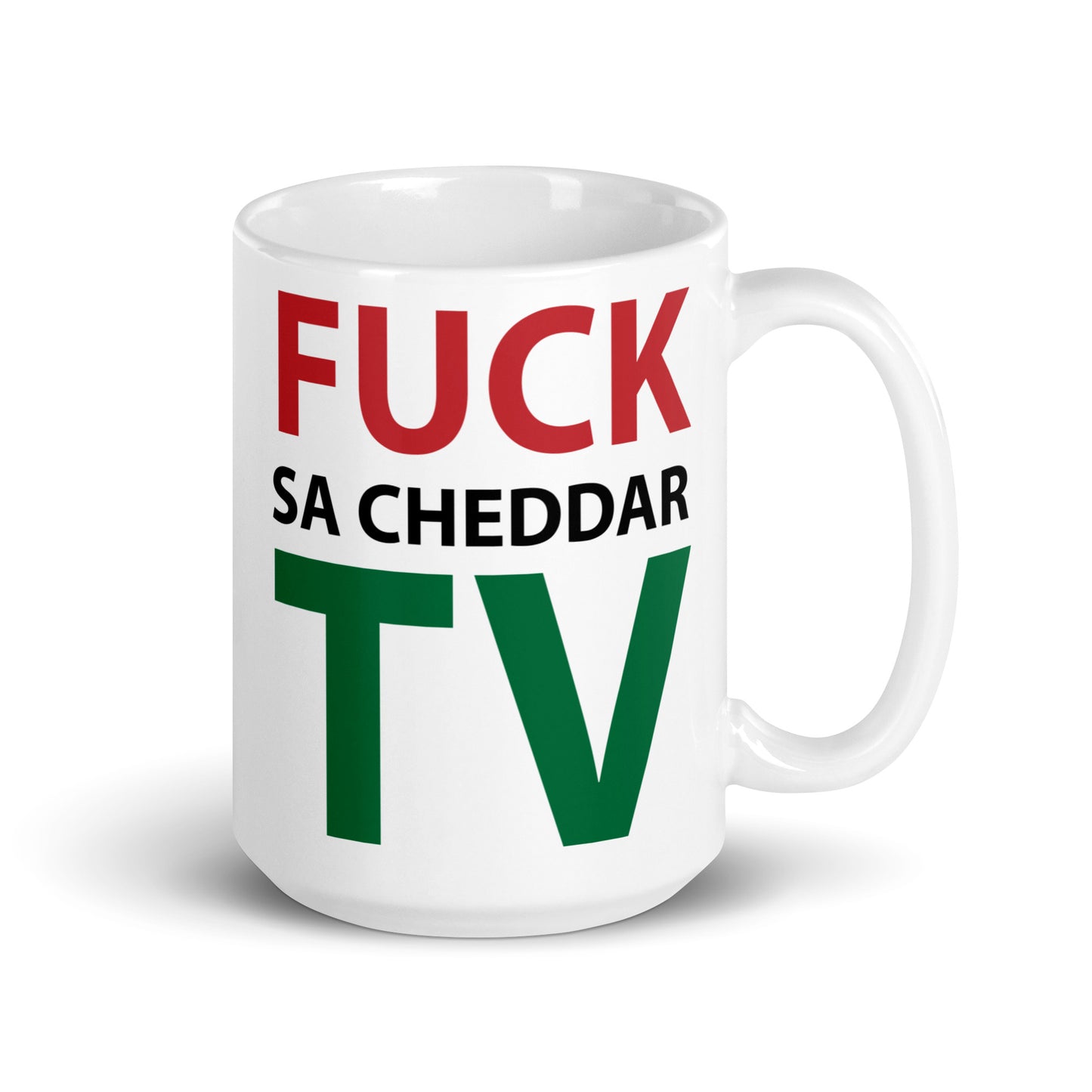 FUCK SA-CHEDDAR TV White glossy mug