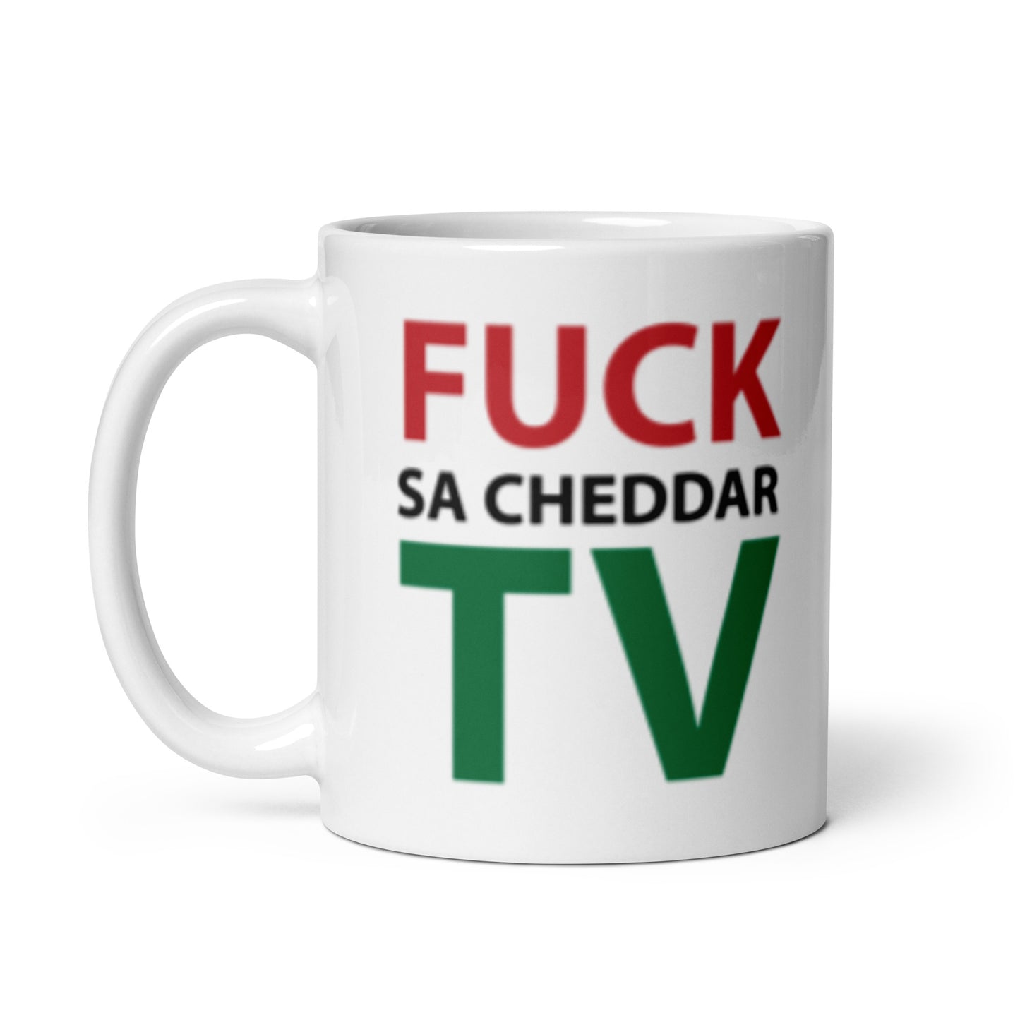 FUCK SA-CHEDDAR TV White glossy mug
