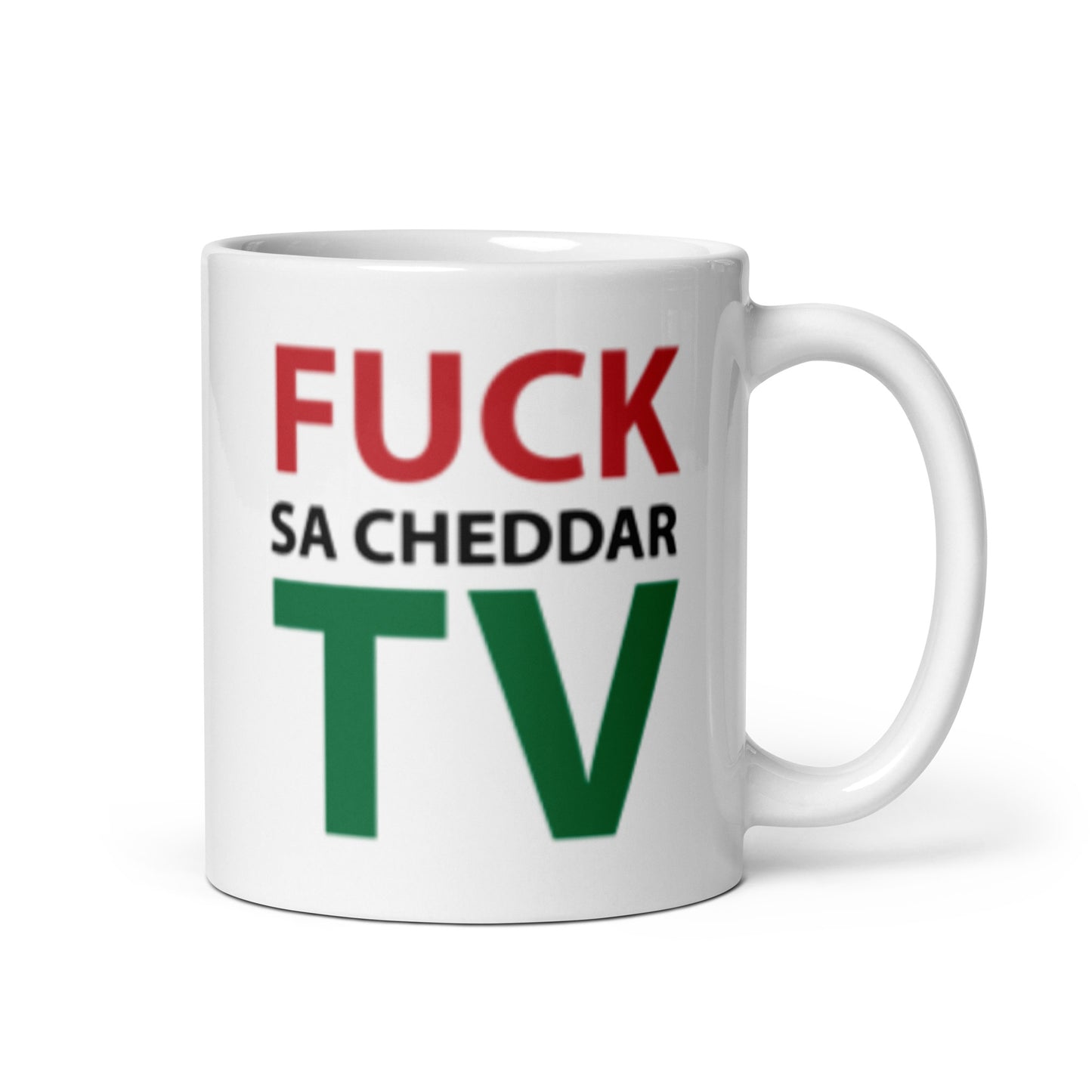 FUCK SA-CHEDDAR TV White glossy mug